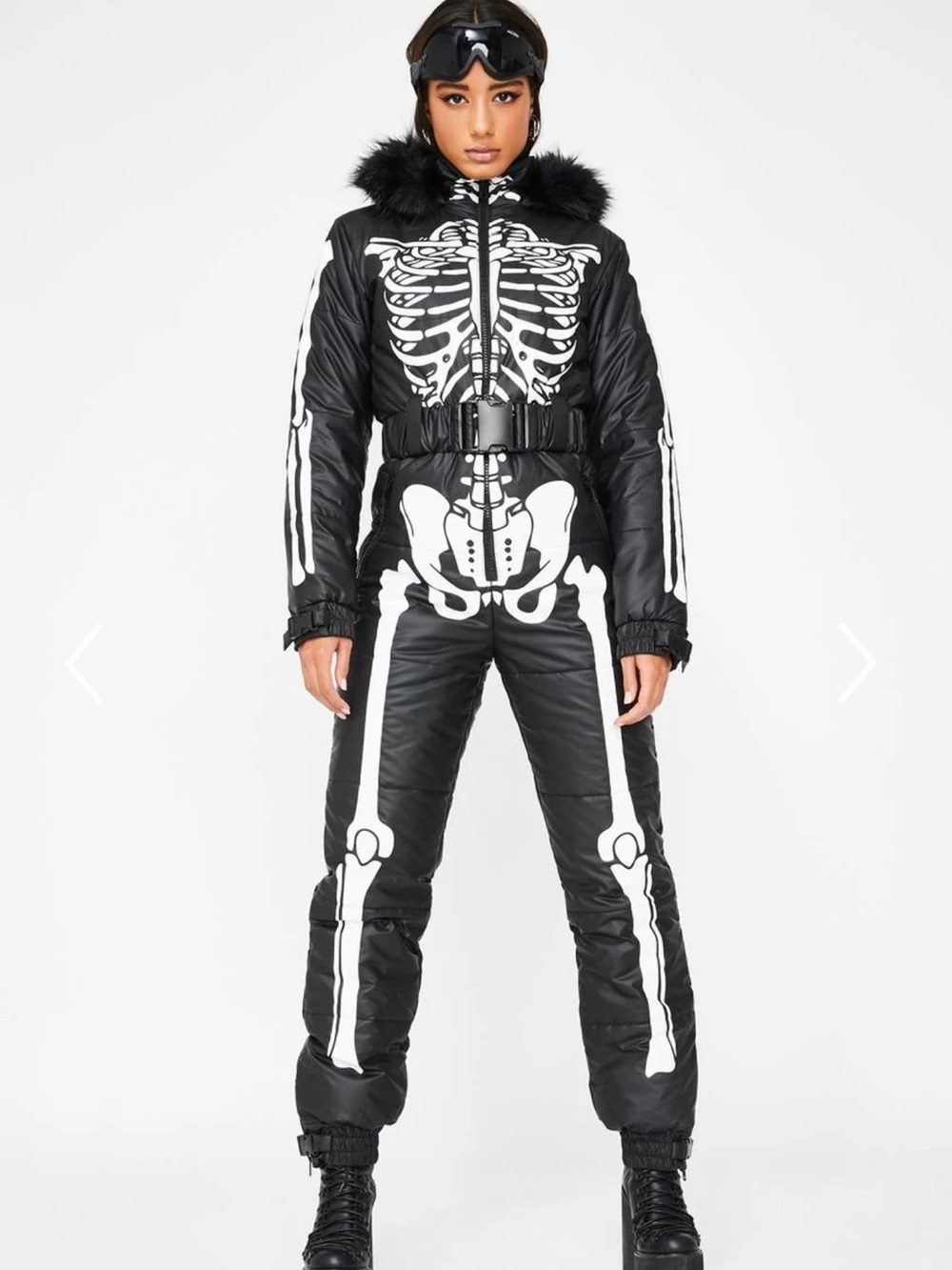 Dolls Kill COLD PREY SKELETON SNOWSUIT 
Black Skeleton Ski One-Piece